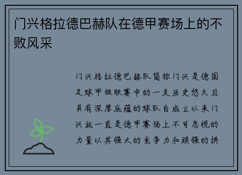 门兴格拉德巴赫队在德甲赛场上的不败风采